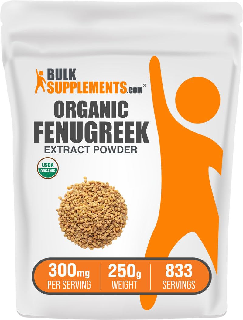 BulkSupplements Organic Fenugreek Extract Powder jar highlights pure fenugreek ingredients for everyday use