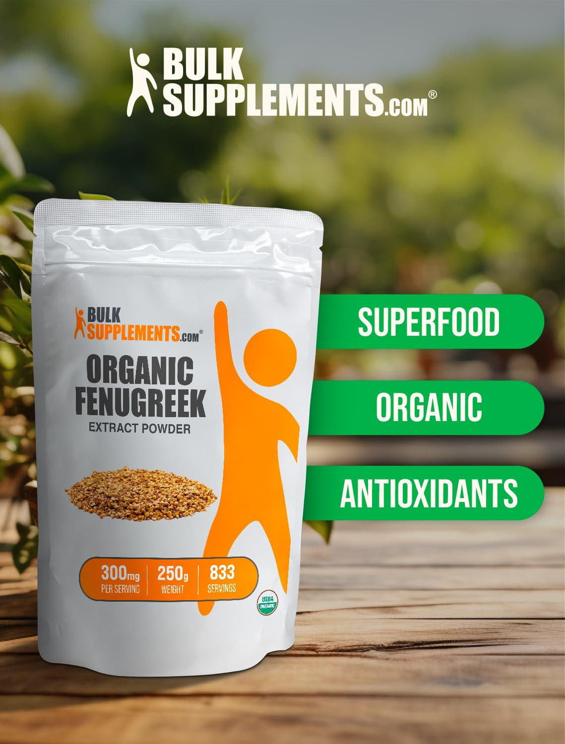 BulkSupplements Organic Fenugreek Extract Powder packaging emphasizes purity and transparency