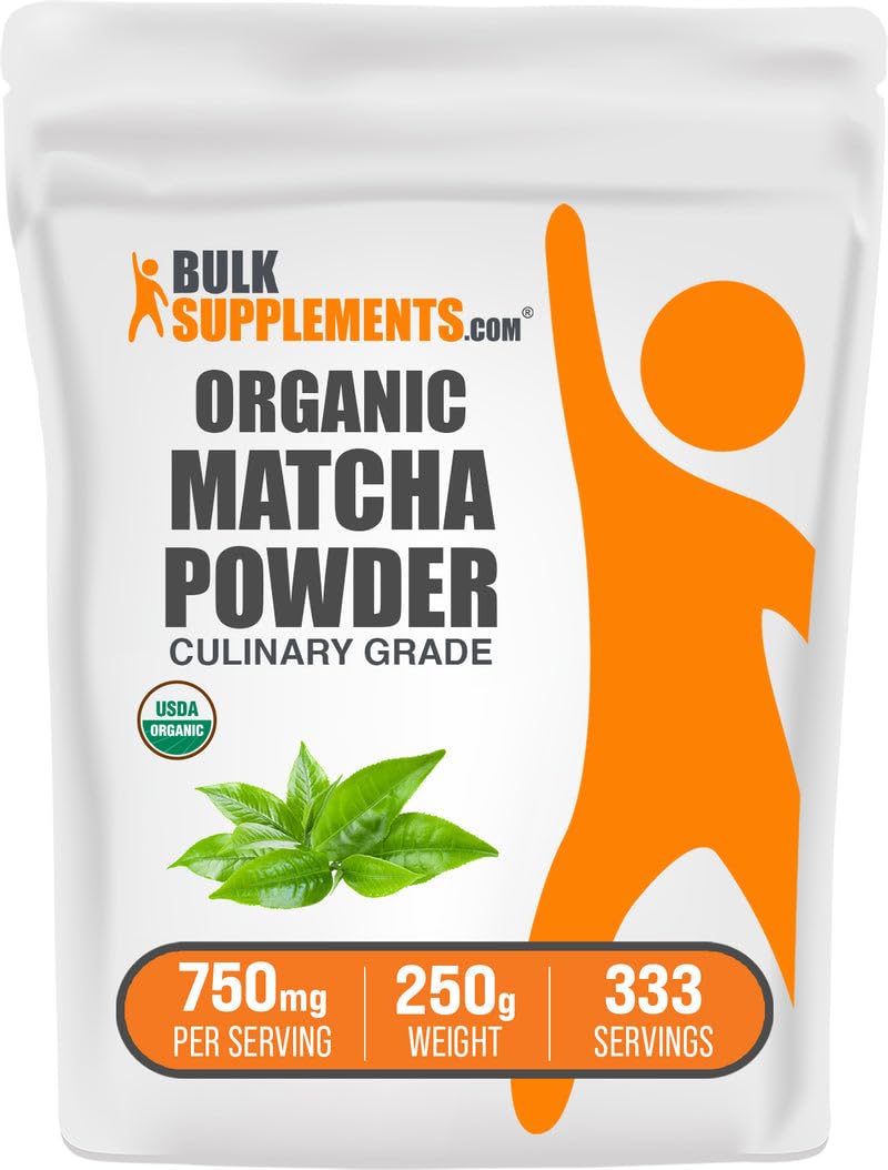 BulkSupplements Organic Matcha Powder shown ready for latte and culinary use.