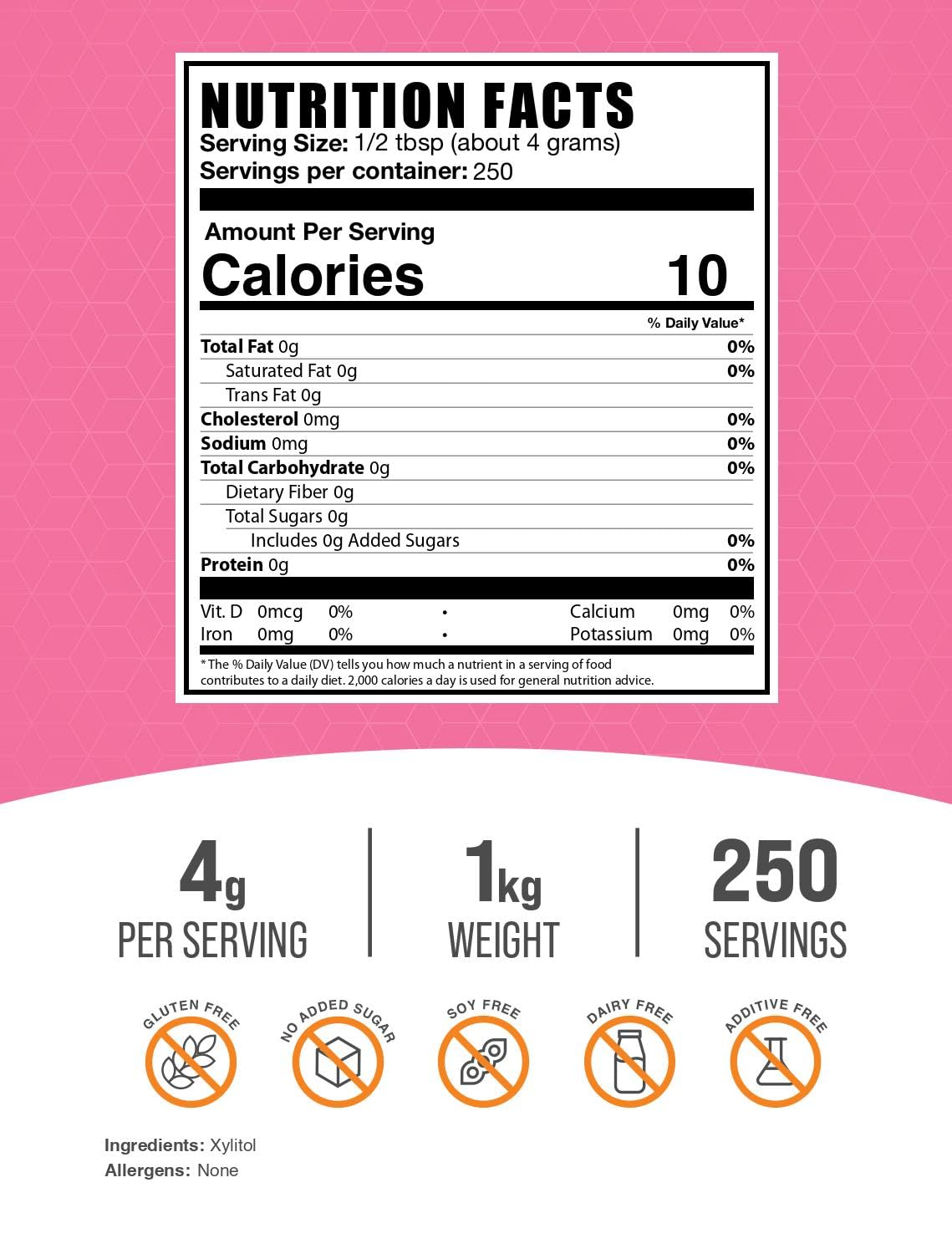 BulkSupplements Xylitol powder scoop showing 4 g serving for recipes