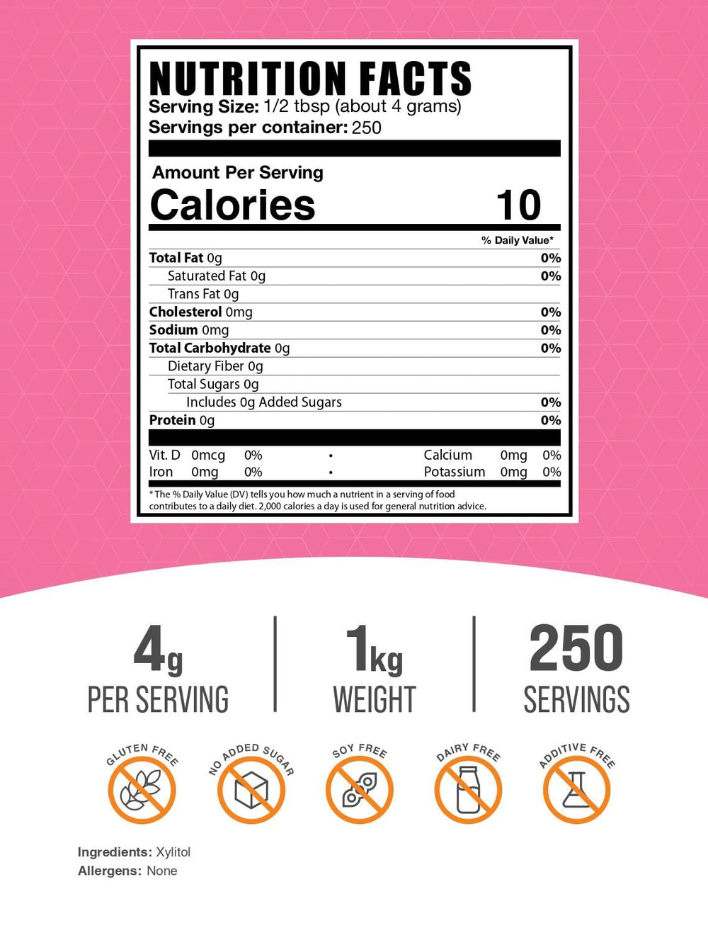 BulkSupplements Xylitol powder scoop showing 4 g serving for recipes
