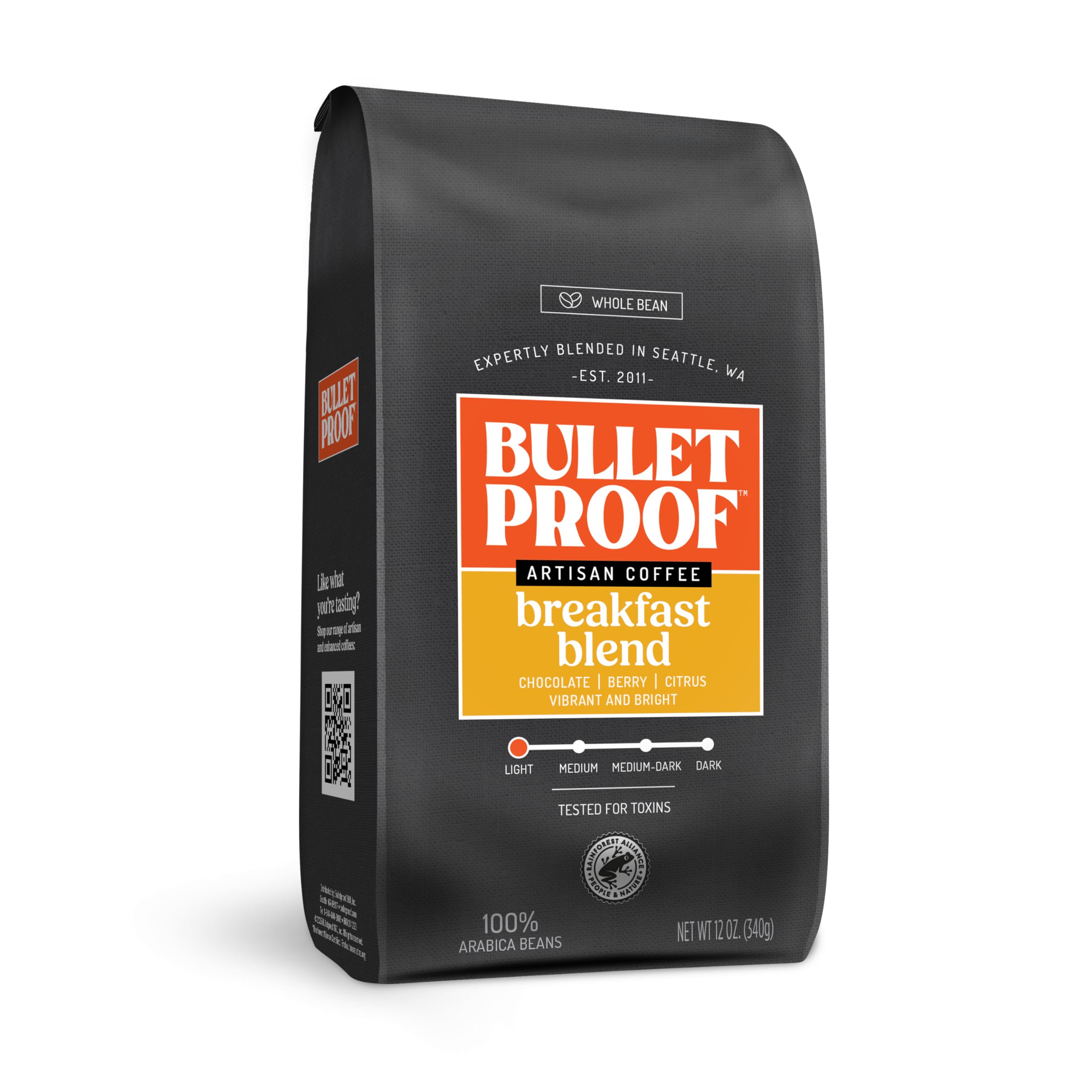 Bulletproof Breakfast Blend packaging indicating clean, toxin-tested coffee.