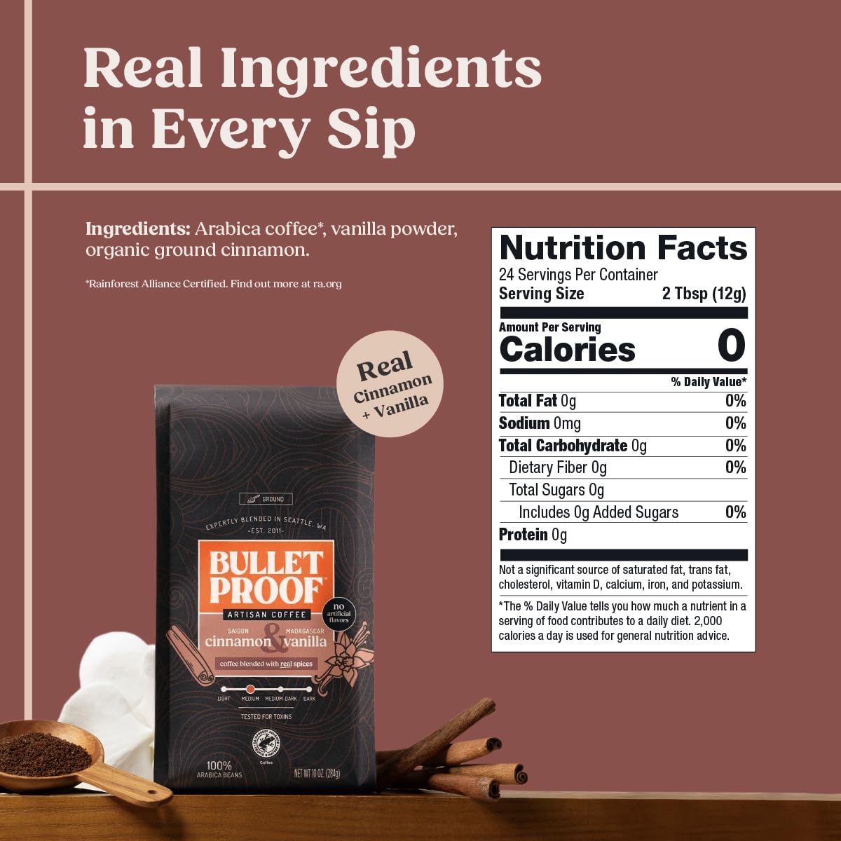 Bulletproof Cinnamon & Vanilla ground-coffee close-up shows texture and aroma