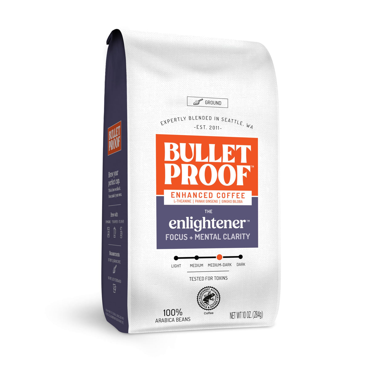 Bulletproof Enlightener ground coffee bag front showing focus-friendly ritual