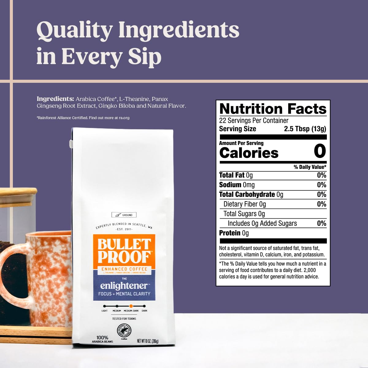 Bulletproof Enlightener ground coffee bag label highlighting sustainable sourcing