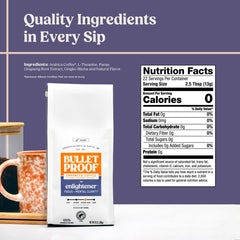 Bulletproof Enlightener ground coffee bag label highlighting sustainable sourcing
