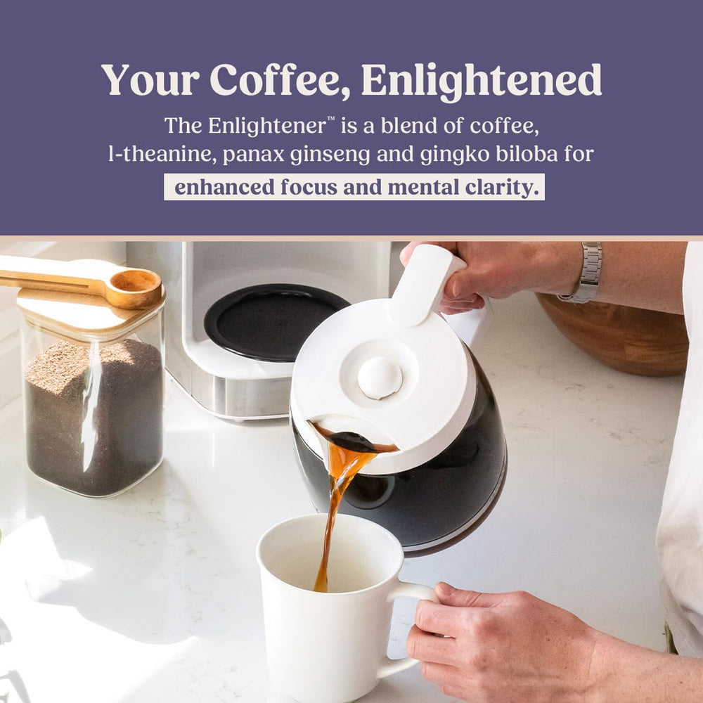 Bulletproof Enlightener ground coffee cup steaming for a productive start