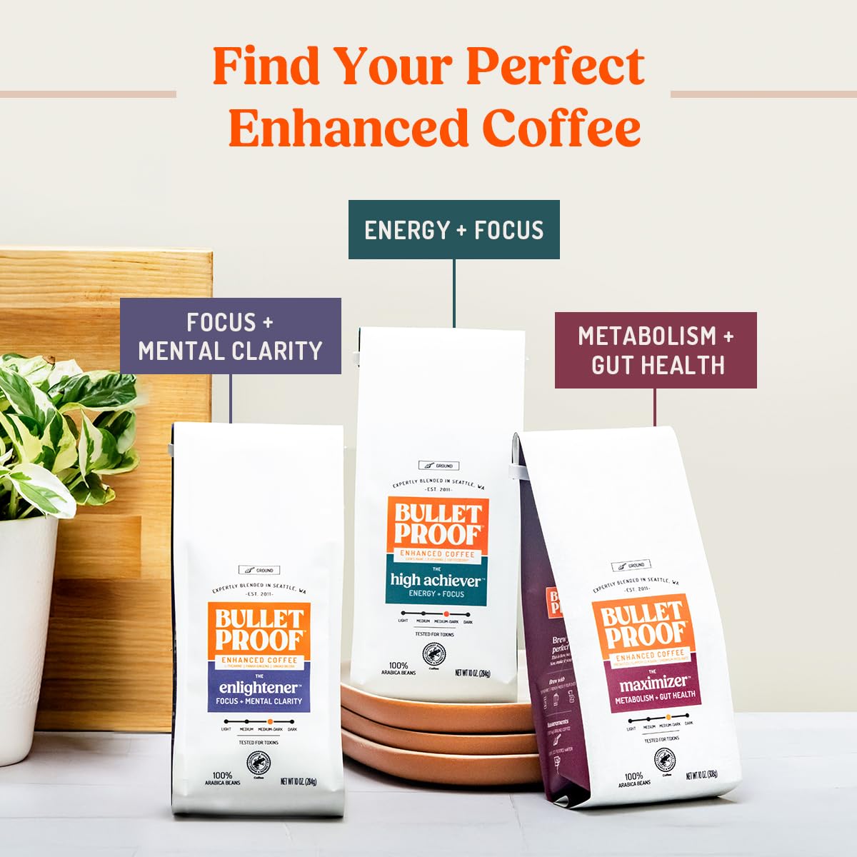 Bulletproof Enlightener ground coffee sustainability seal reflecting responsible sourcing