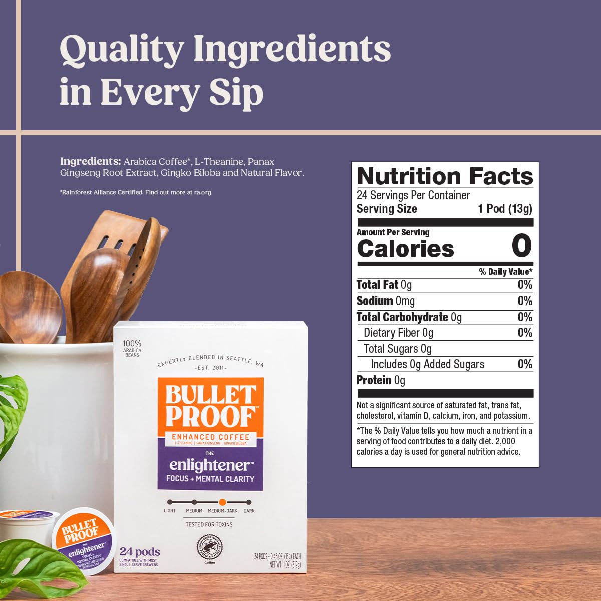 Bulletproof Enlightener pods close-up with rich aroma for sharper mornings