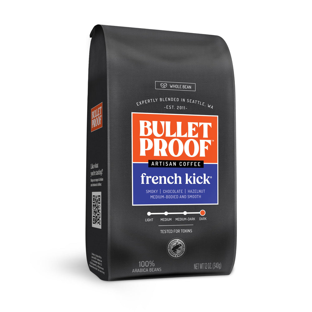 Bulletproof French Kick dark roast beans close-up, delivering a bold morning pick-me-up.