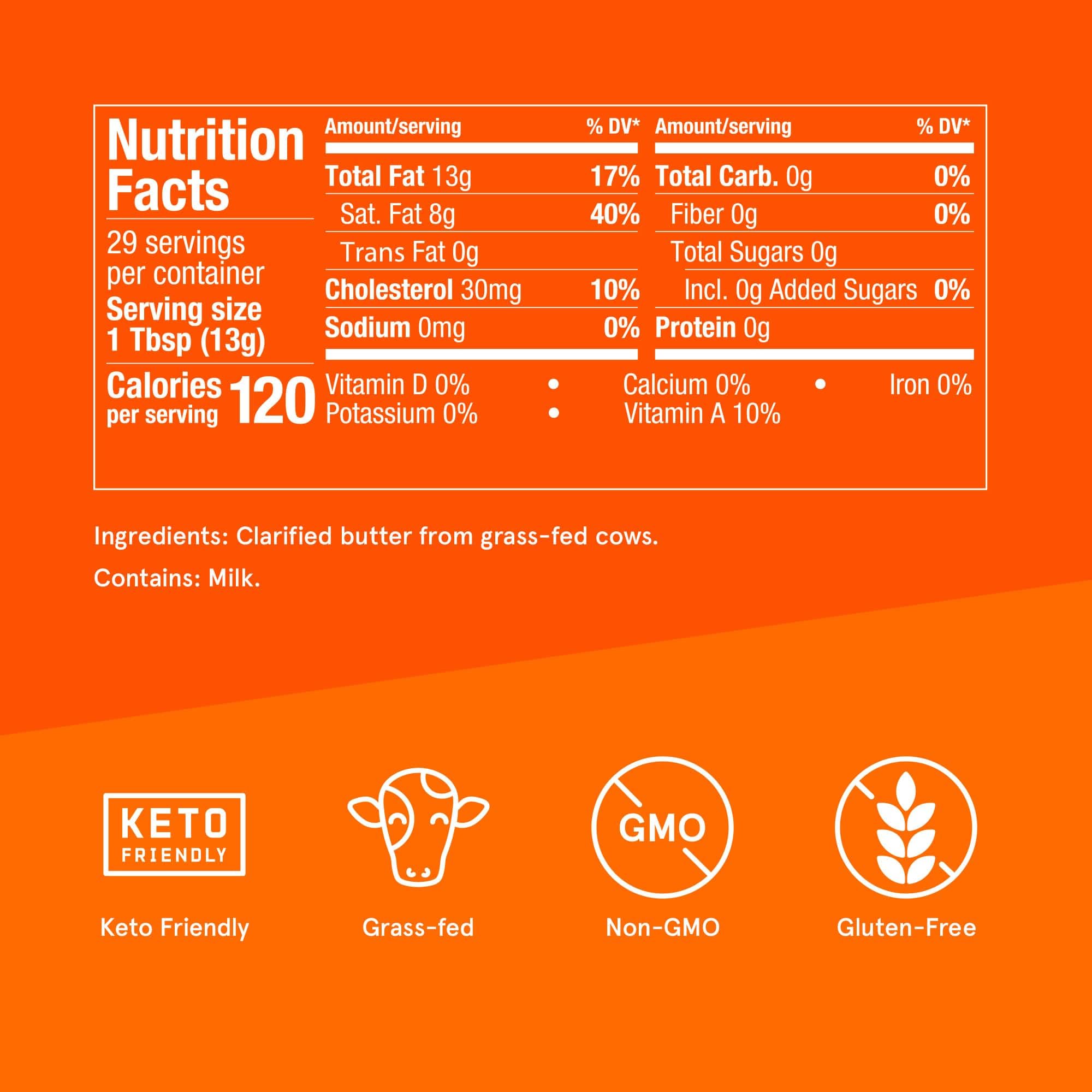 Bulletproof Grass Fed Ghee jar back view showing nutrition and batch details