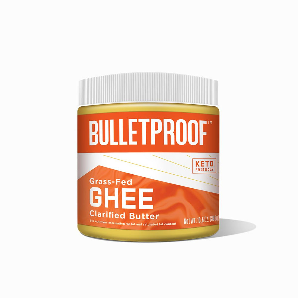 Bulletproof Grass Fed Ghee jar front view for versatile cooking substitute