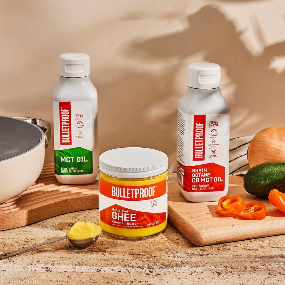 Bulletproof Grass Fed Ghee on kitchen counter ready for cooking and baking