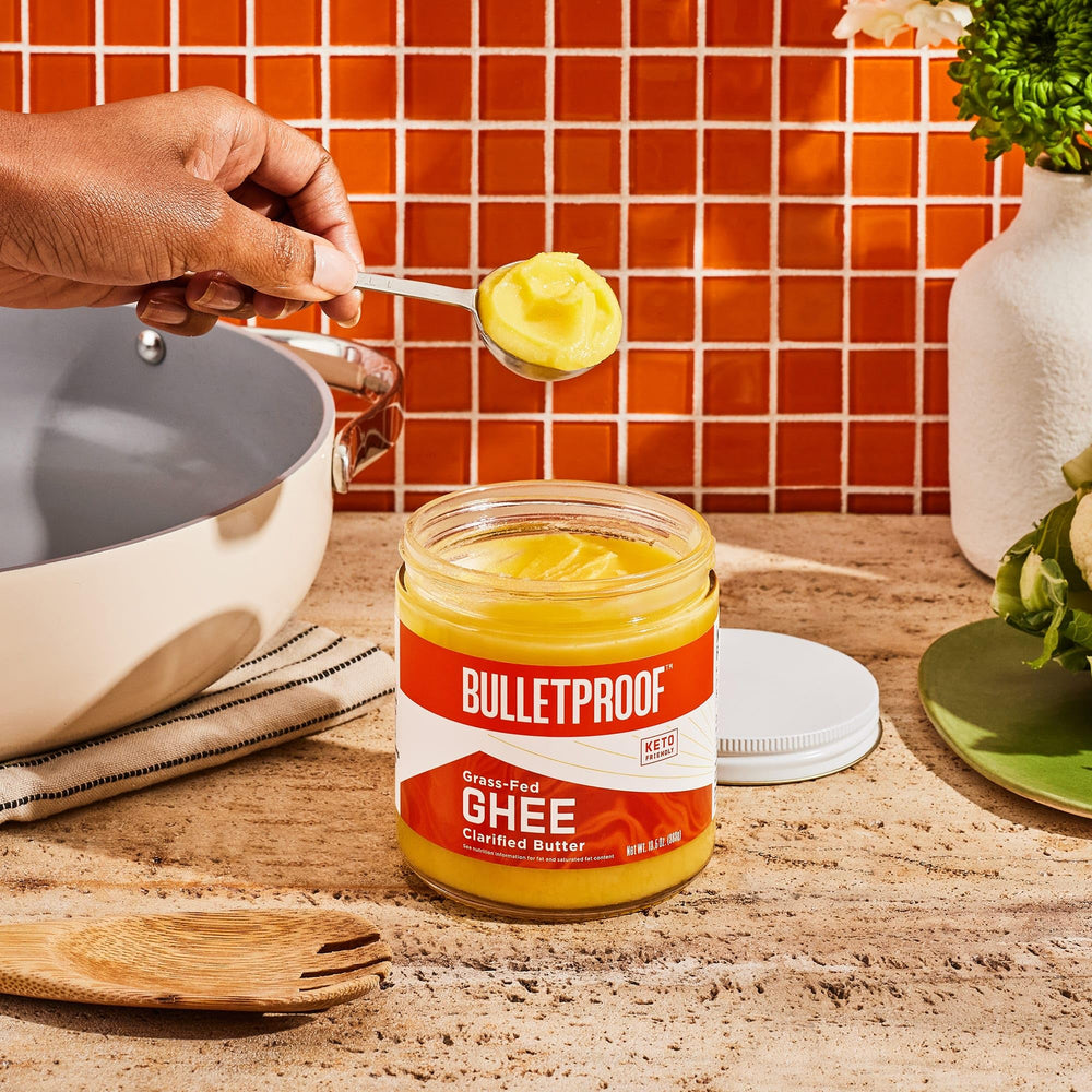 Bulletproof Grass Fed Ghee packaging emphasizing recyclable plastic jar
