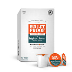 Bulletproof High Achiever box front highlighting premium coffee pods for an energizing start.