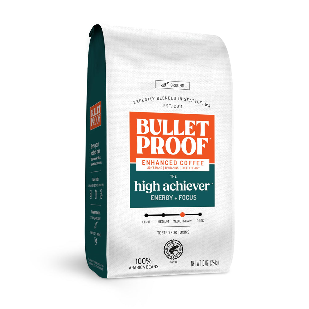 Bulletproof High Achiever Ground Coffee Bag showcases rich aroma for a smooth morning.