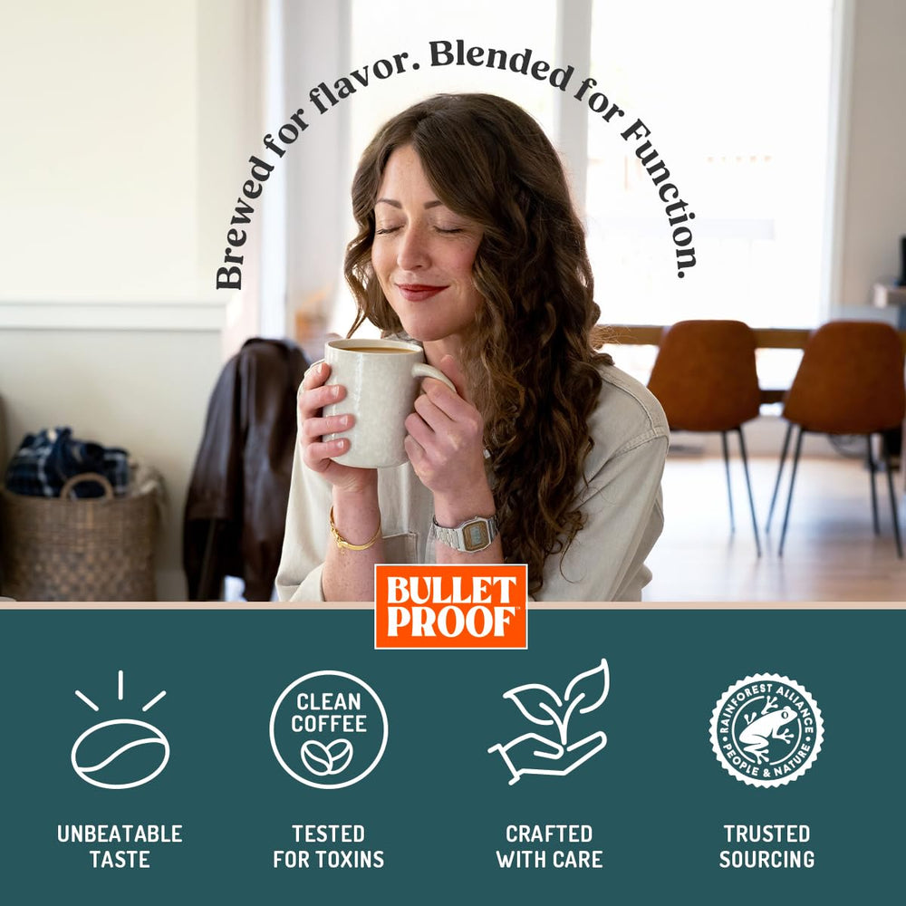 Bulletproof High Achiever Medium Dark Roast Coffee in a cup with steam.