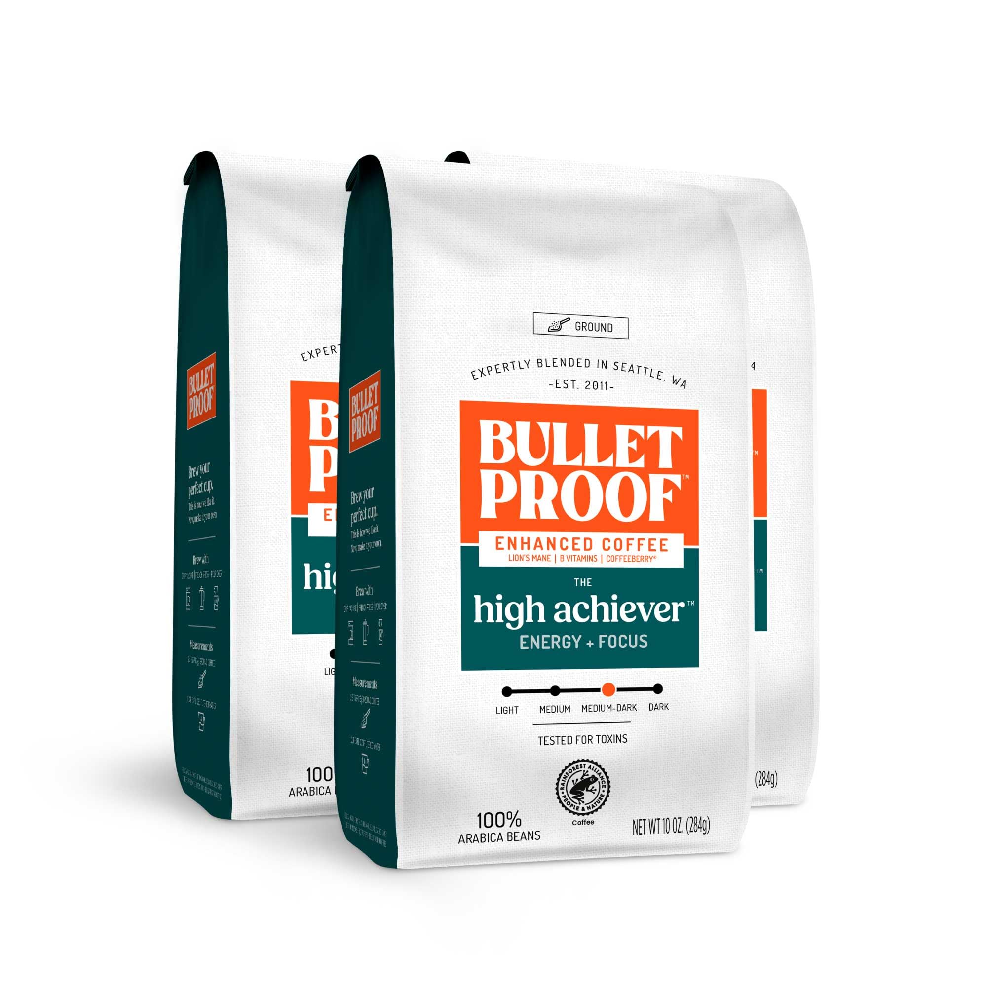 Bulletproof High Achiever pack shot with three bags for steady daily energy