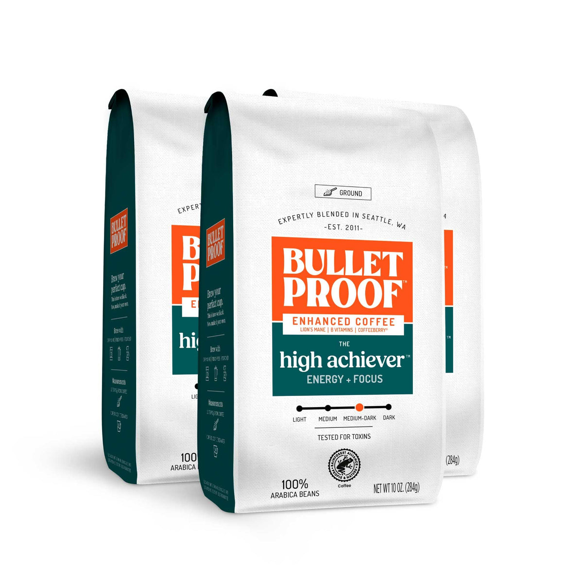 Bulletproof High Achiever pack shot with three bags for steady daily energy