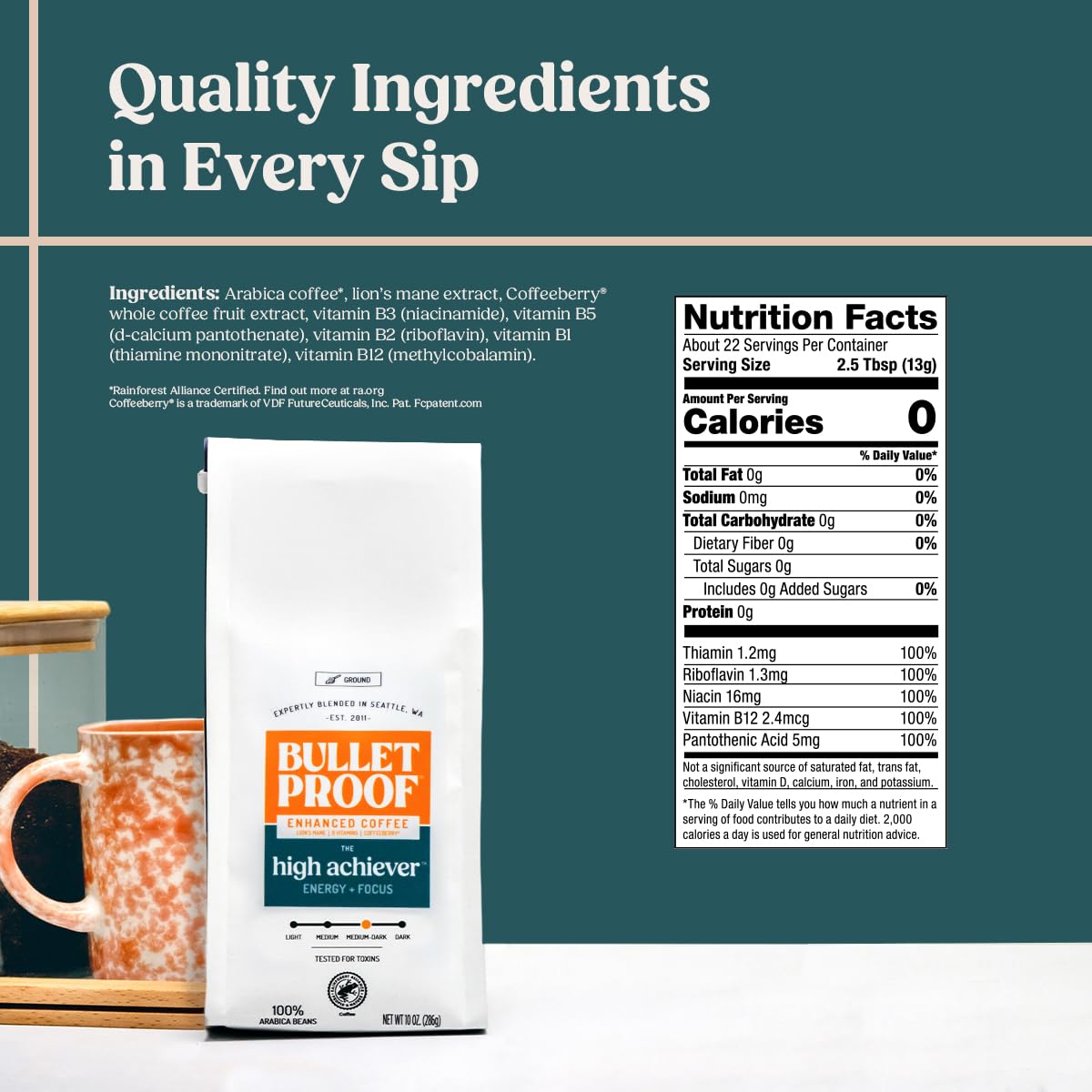 Bulletproof High Achiever pour mug highlights quick brew for focused mornings