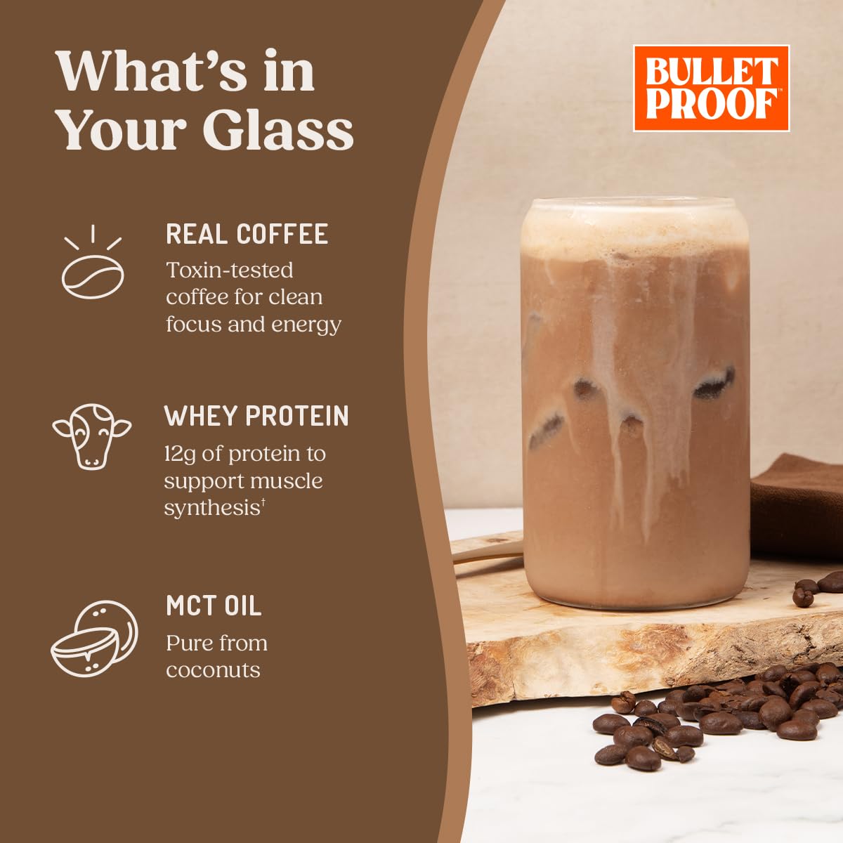 Bulletproof Iced Protein Coffee coffee-bean closeup highlights real beans.