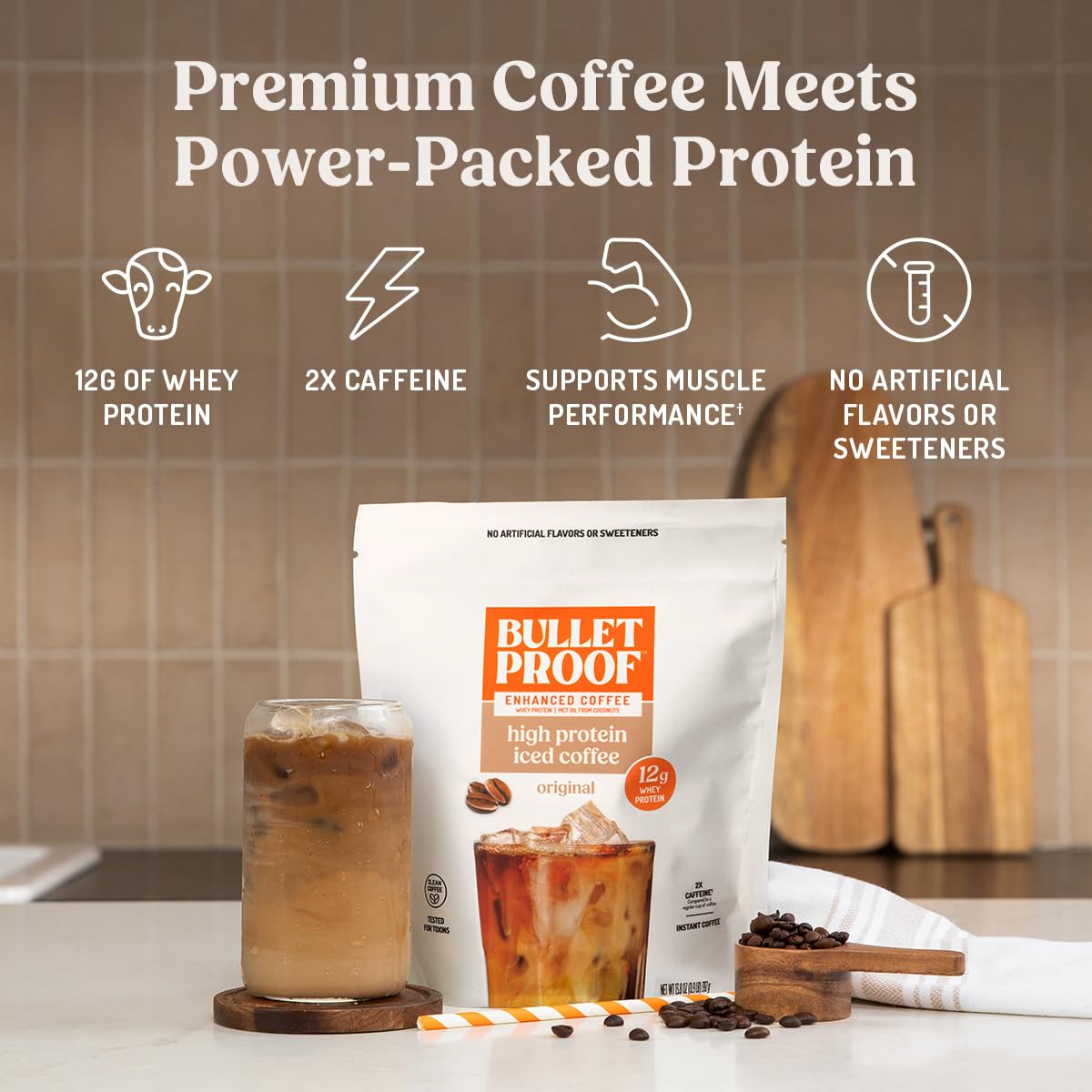 Bulletproof Iced Protein Coffee mixed with water shows quick, cafe-style preparation.