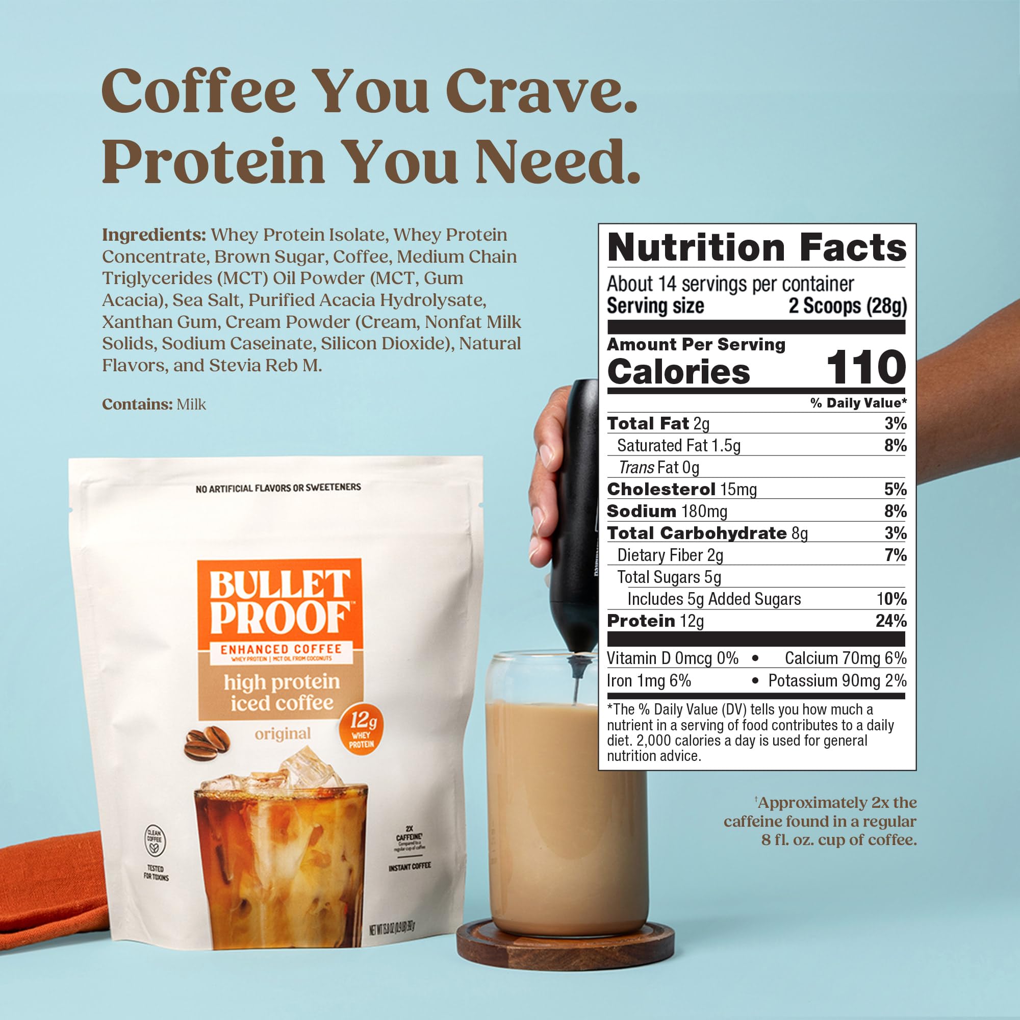 Bulletproof Iced Protein Coffee served in glass emphasizes convenient, protein-packed iced coffee.