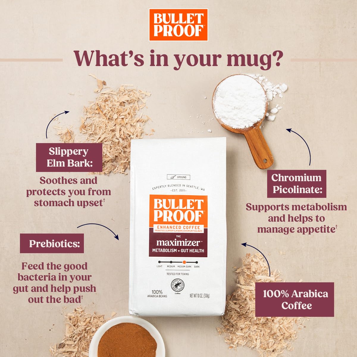 Steaming Bulletproof Maximizer cup with a balanced, rich medium-dark roast aroma.