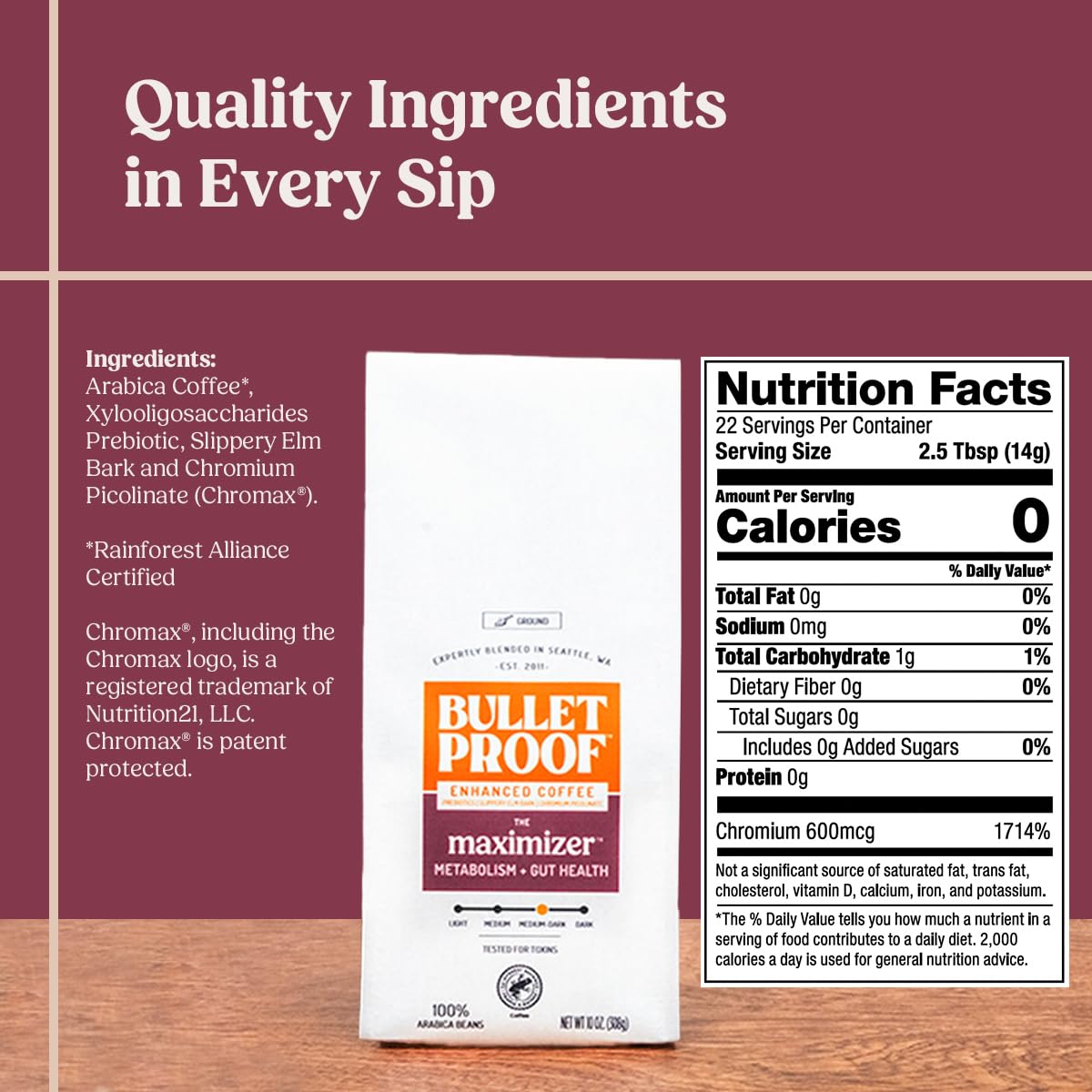 Bulletproof Maximizer coffee brew in a steaming mug promoting a balanced energy boost