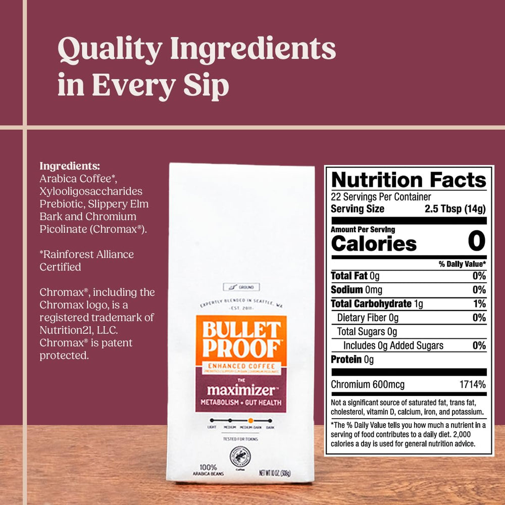 Bulletproof Maximizer coffee brew in a steaming mug promoting a balanced energy boost