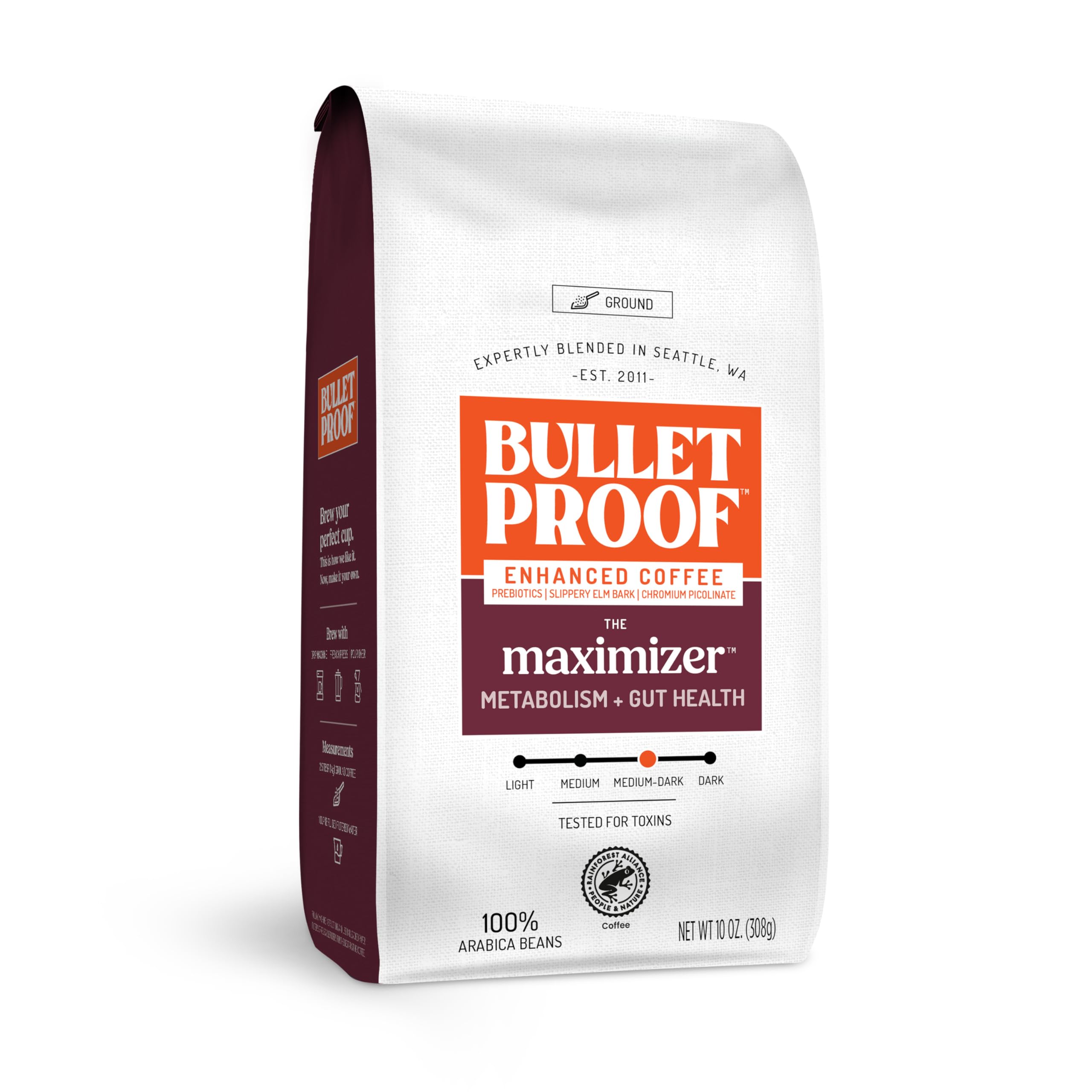 Bulletproof Maximizer ground coffee packaging highlights toxin-tested, clean energy in each 10 oz bag