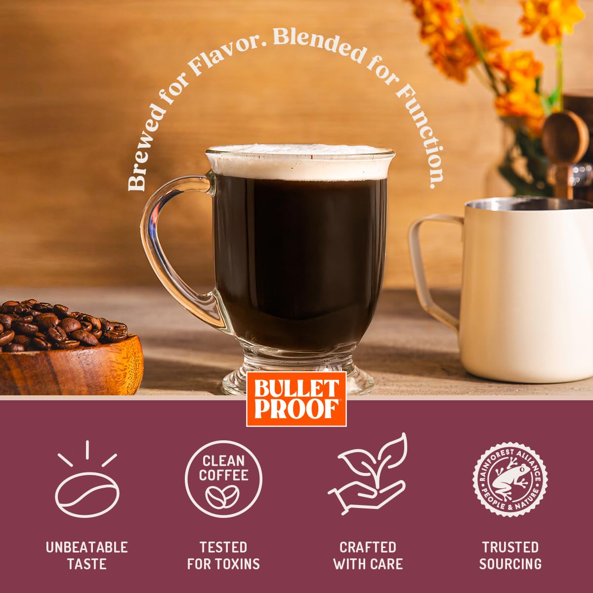 Bulletproof Maximizer packaging label noting toxin testing and clean coffee standards.