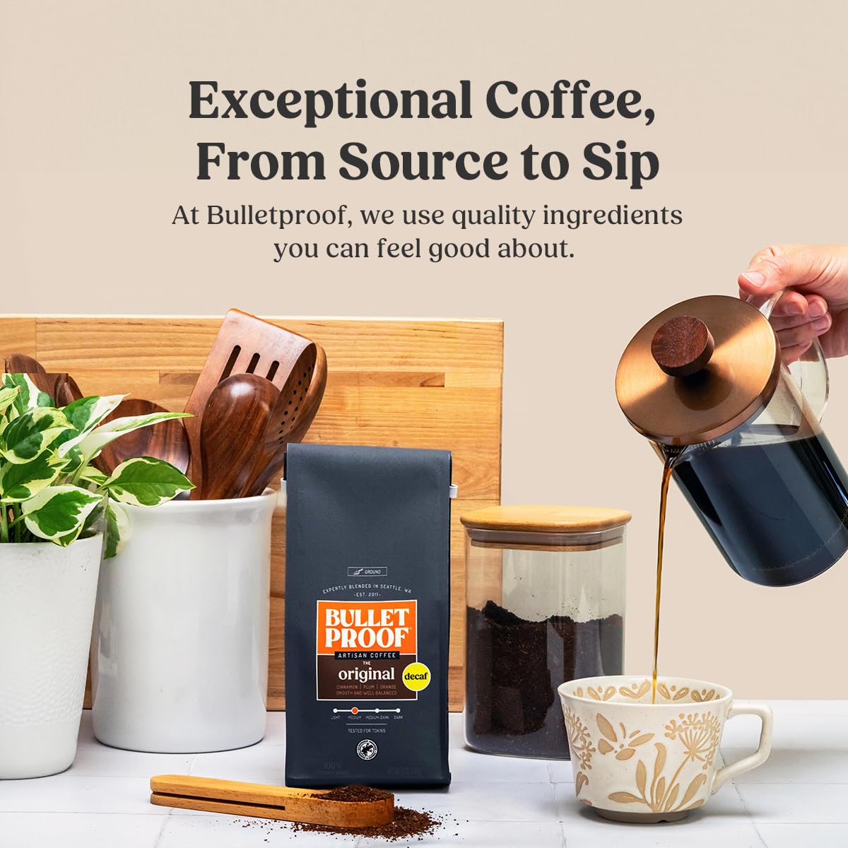 Bulletproof medium roast decaf aroma with steam hints at flavor notes.