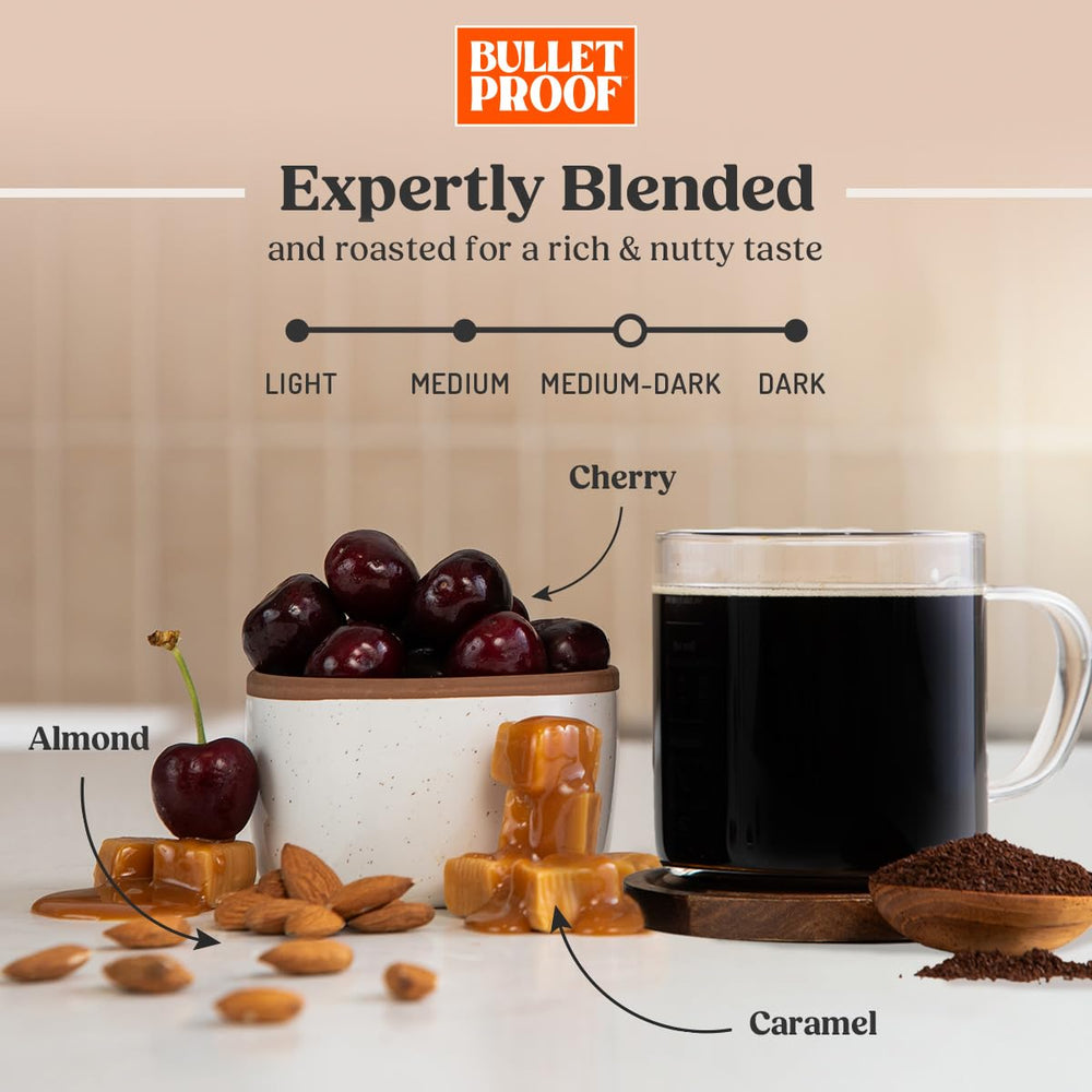 Bulletproof The Mentalist highlights cherry, almond, and caramel notes for a flavorful cup.