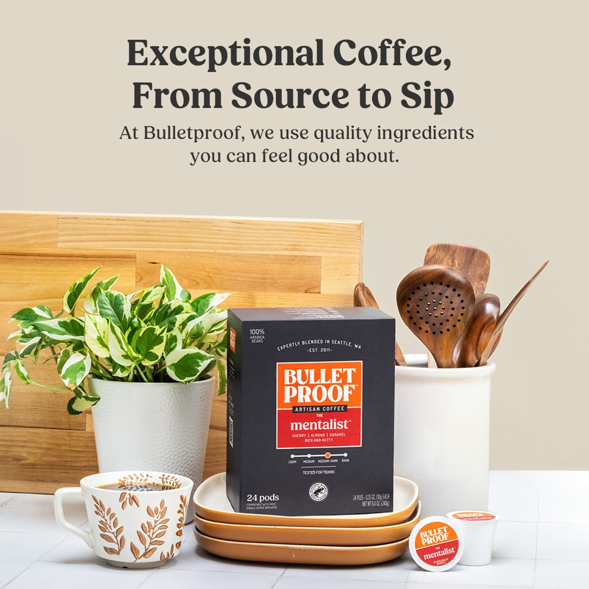 Bulletproof The Mentalist pods showcase cherry almond caramel flavor notes.