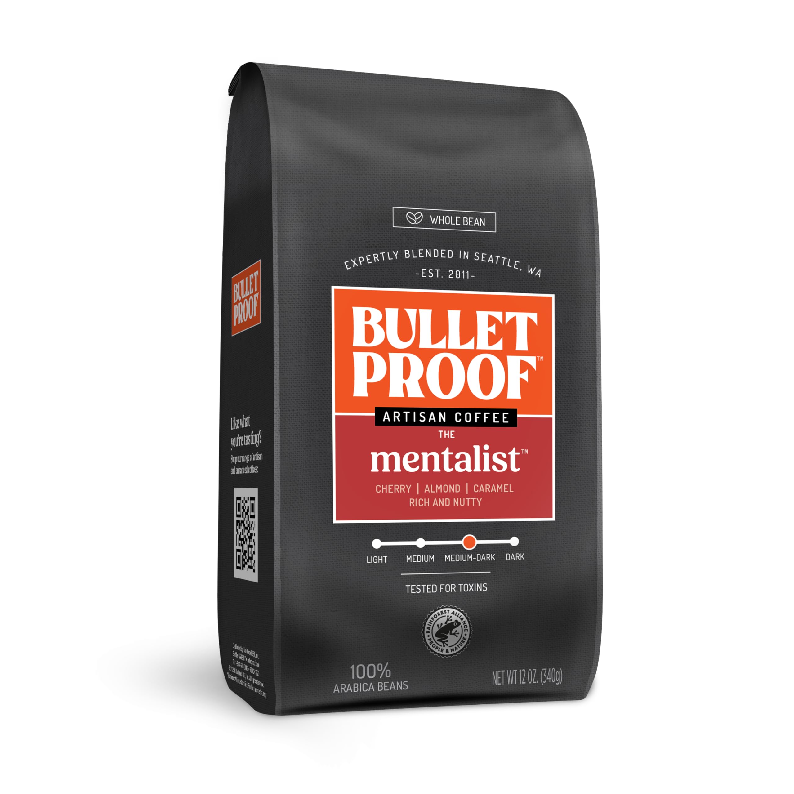 Bulletproof The Mentalist medium-dark roast beans in a bag for grinding and brewing.