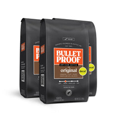 Bulletproof Original Decaf Coffee three-bag pack highlighting clean-tasting potential.
