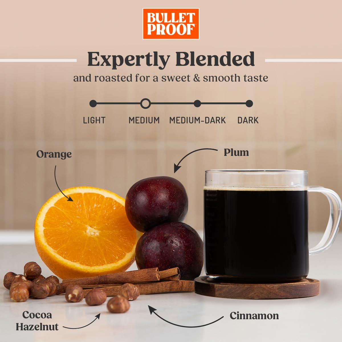 Bulletproof Original Decaf whole bean Arabica on a kitchen counter.