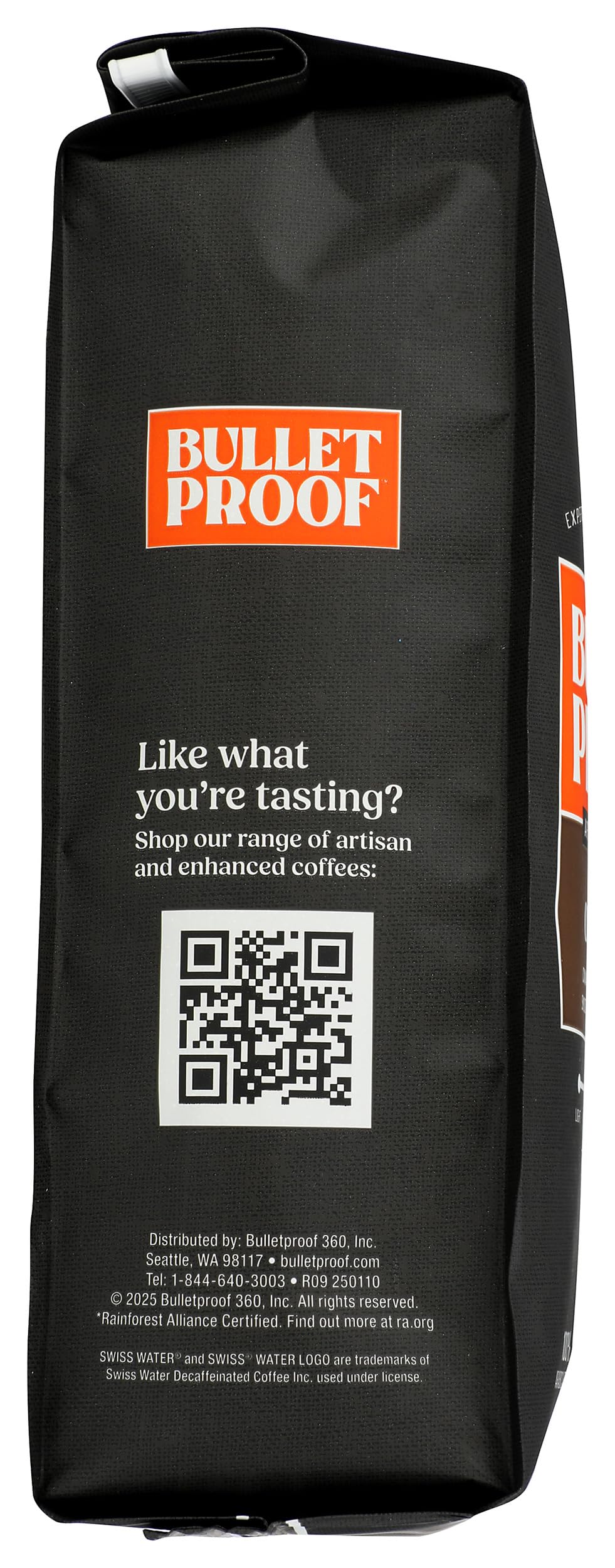 Bulletproof Original Decaf pour with steam shows a silky mouthfeel and cocoa notes.