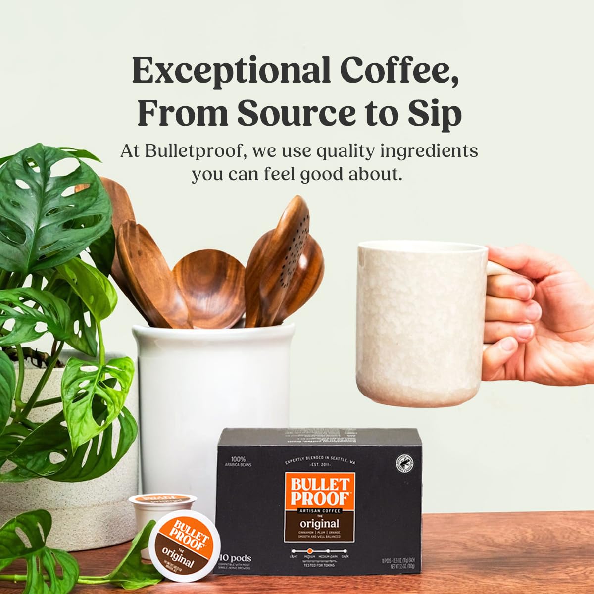 Bulletproof Original Medium Roast cup steaming demonstrates balanced flavor and aroma.