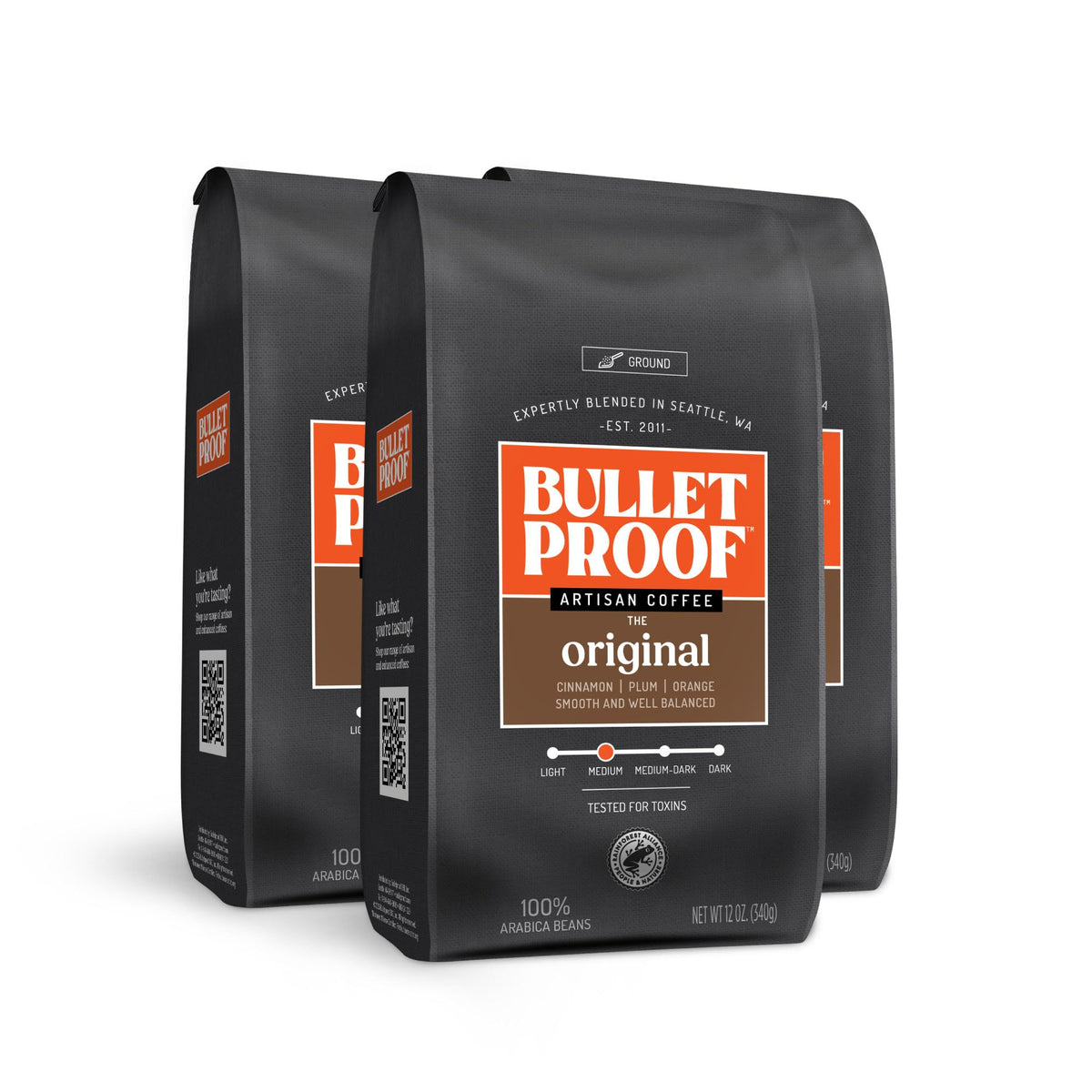 Bulletproof Original coffee packaging shows three 12-ounce bags for convenient, clean caffeination.