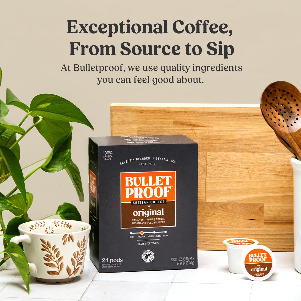 Bulletproof Original single-serve pods arranged for easy, mess-free mornings.
