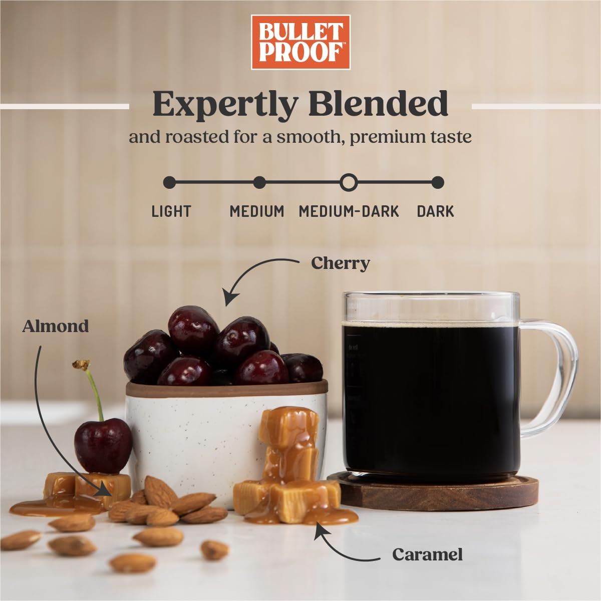 Close-up of Bulletproof The Mentalist coffee beans showing glossy oils.