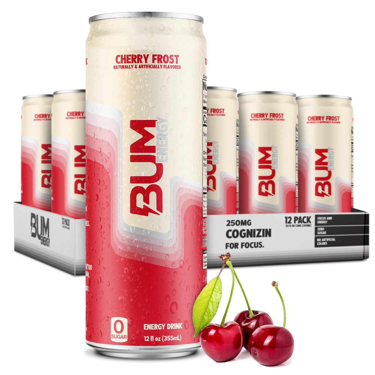 BUM Energy Cherry Frost can close-up highlighting sugar-free formula for clean energy