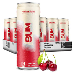 BUM Energy Cherry Frost can close-up highlighting sugar-free formula for clean energy