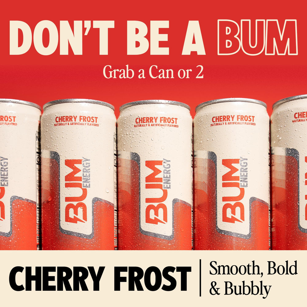 BUM Energy Cherry Frost pack shot emphasizes 12 oz can size and value pack