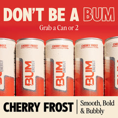 BUM Energy Cherry Frost pack shot emphasizes 12 oz can size and value pack