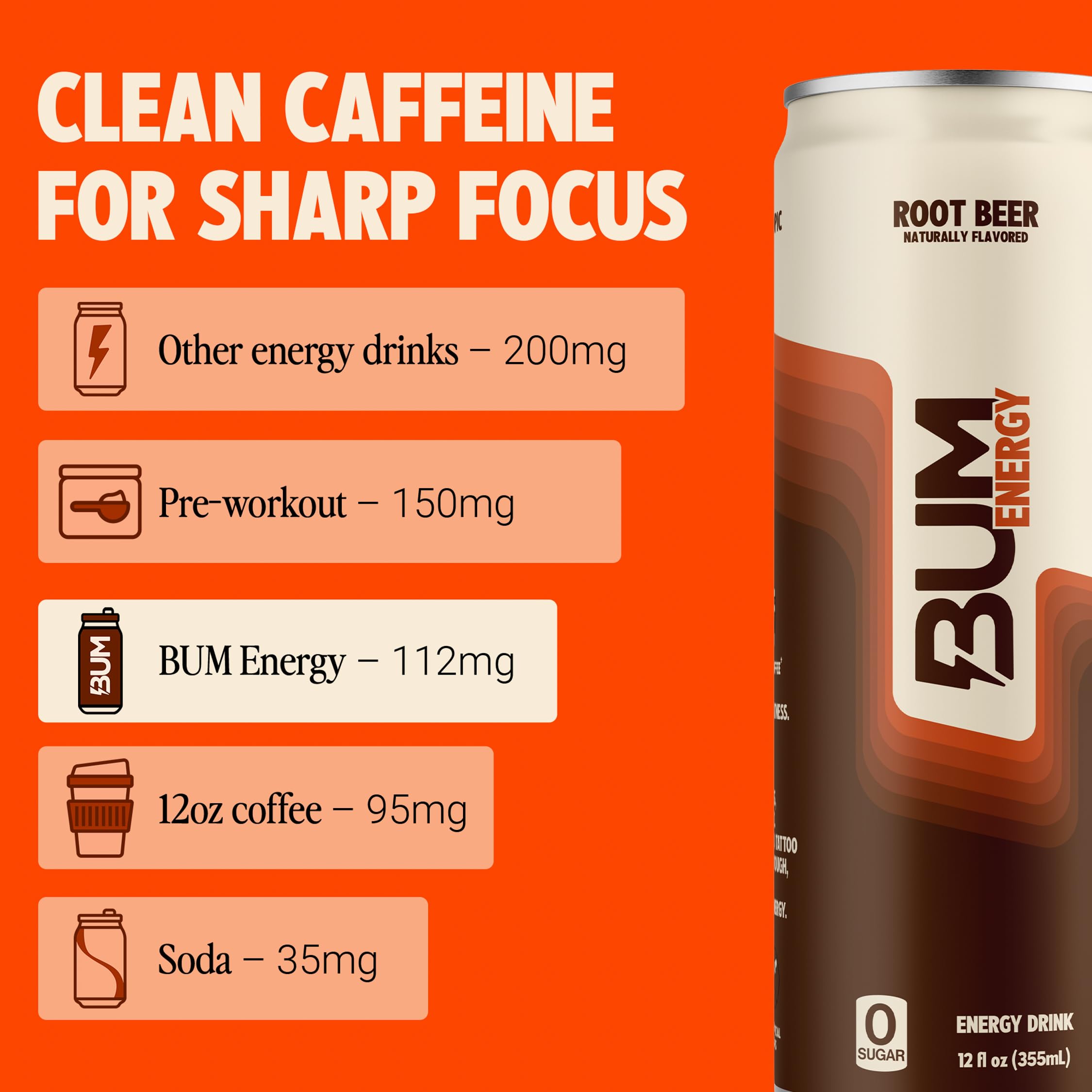 BUM Energy label detail highlights zero sugar and clean ingredients.