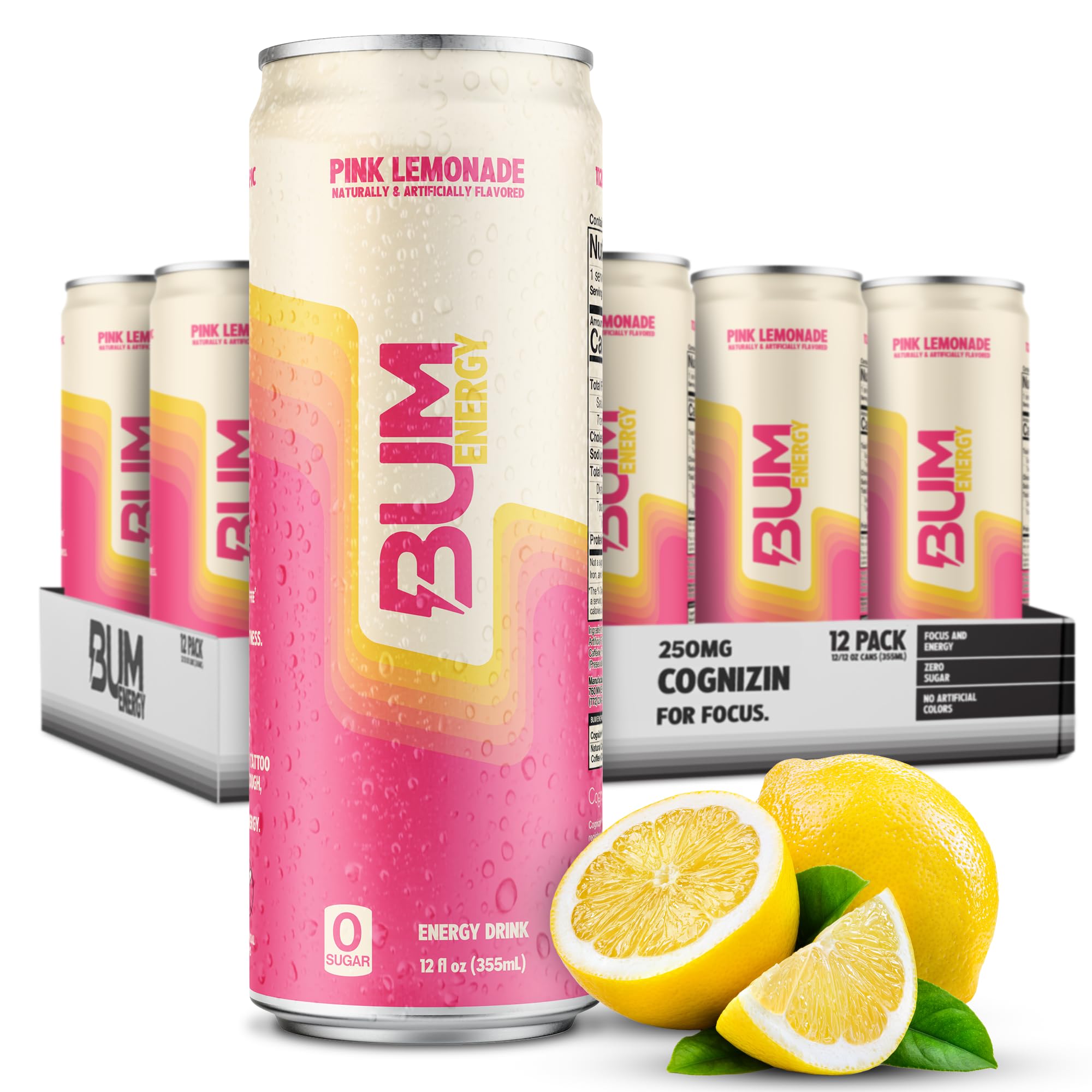 Bum Energy Pink Lemonade can on a table, a refreshing energy boost for workouts