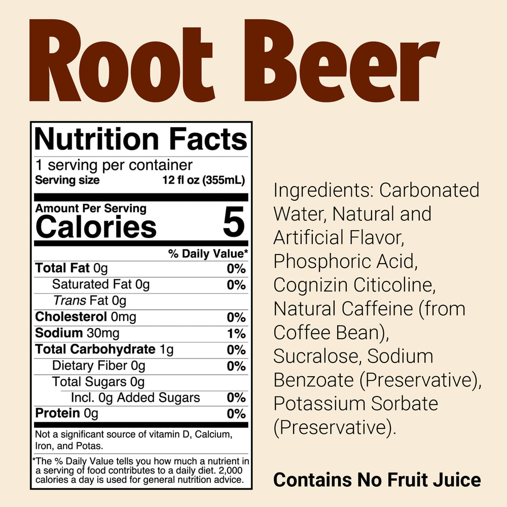 BUM Energy Root Beer can closeup showing Cognizin and caffeine ingredients.